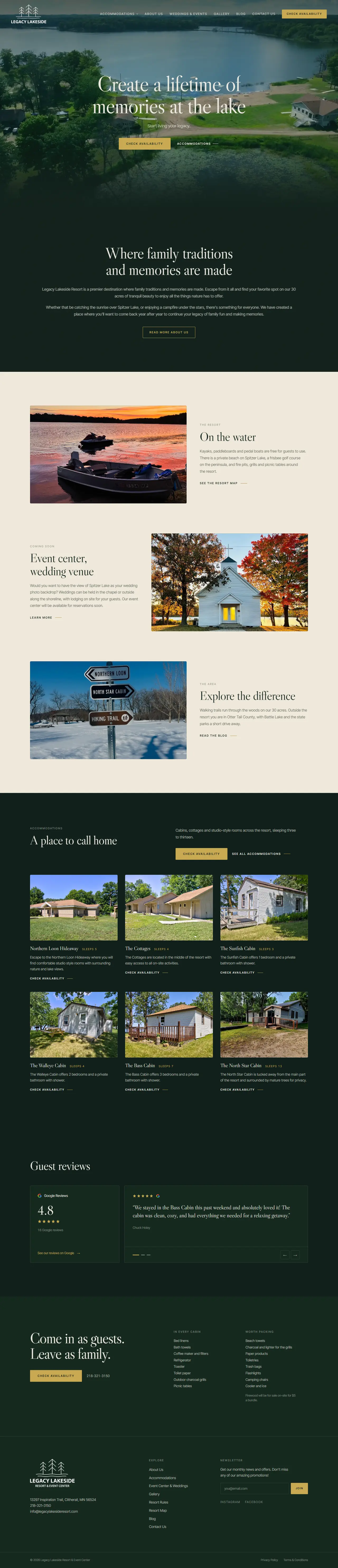 The Legacy Lakeside Resort website, top to bottom
