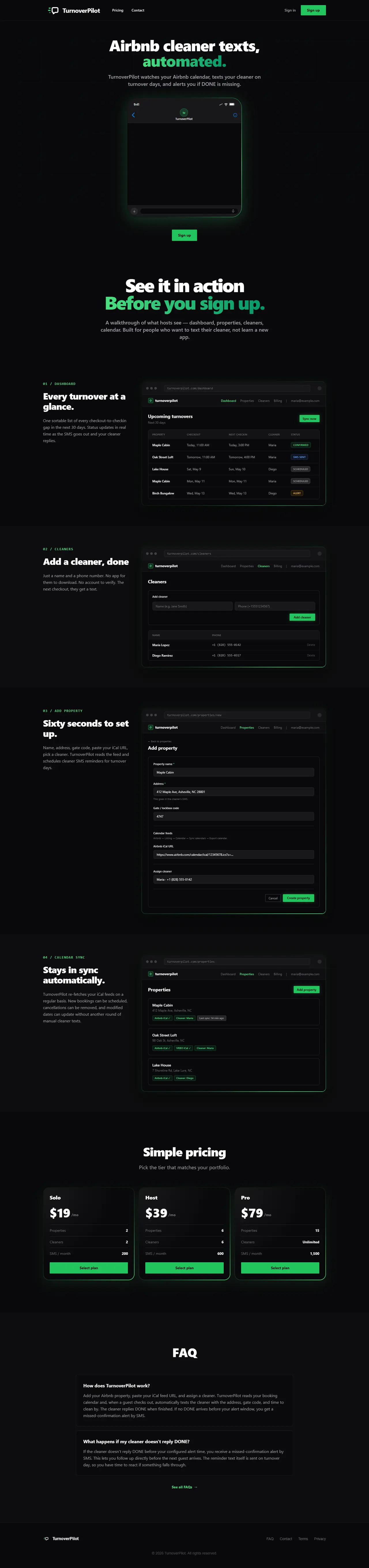 The TurnoverPilot website, top to bottom